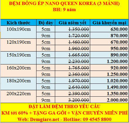 Bảng giá đệm Nano Queen