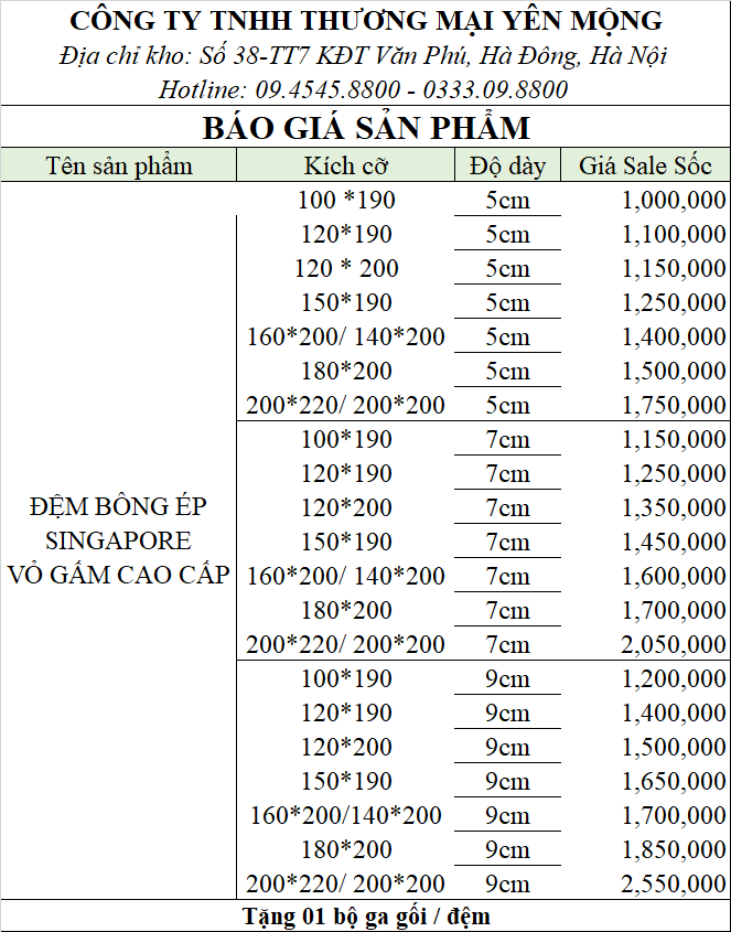 Bảng giá đệm bông ép Singapore